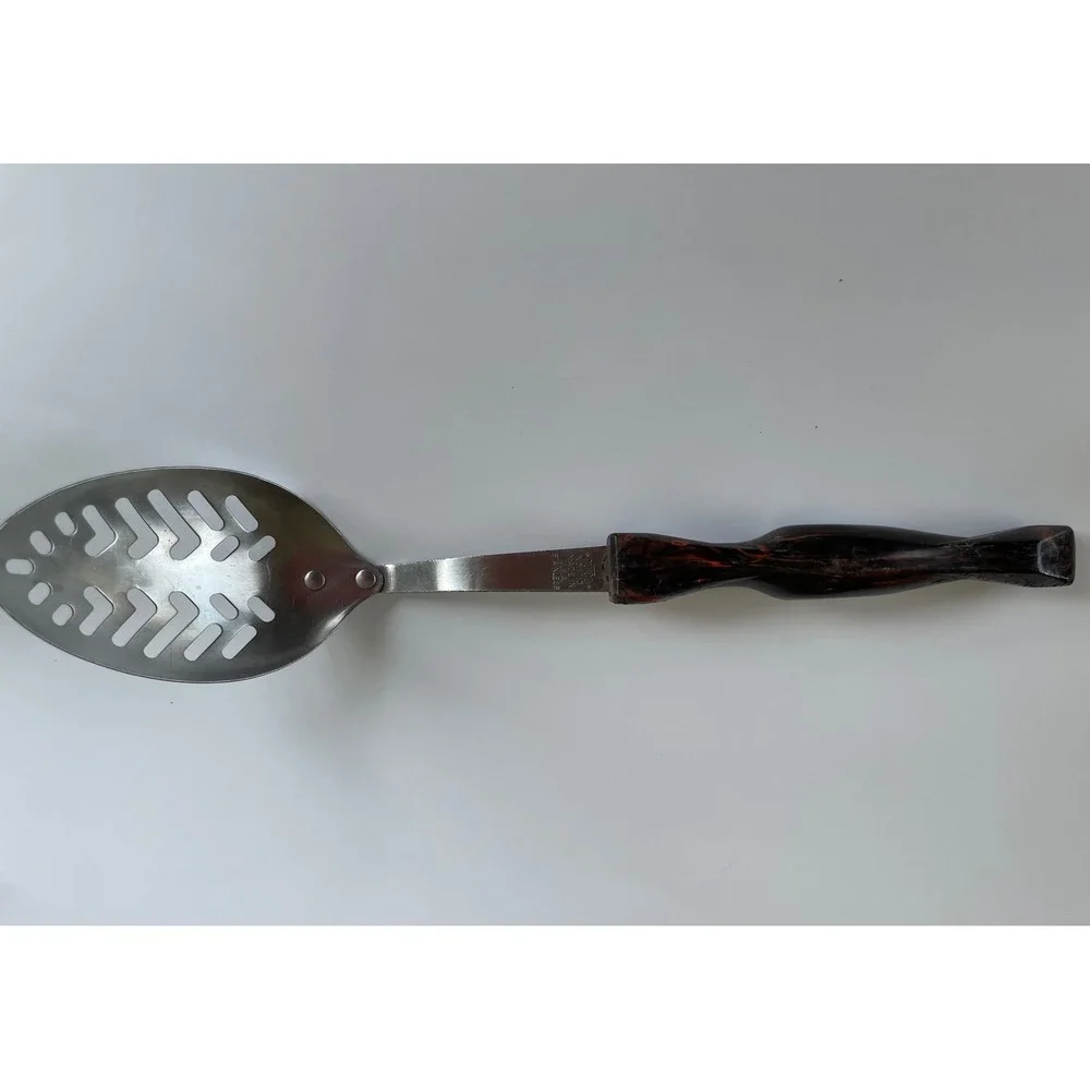 Vintage Cutco 1713 Slotted Serving Spoon Stainless Steel Brown Marbled Handle US